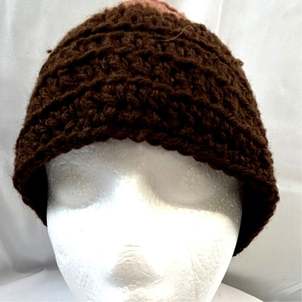 SKU 2179 Handmade Hand Crocheted Brown Beanie Cap Hat 7x11" Unisex NWOT